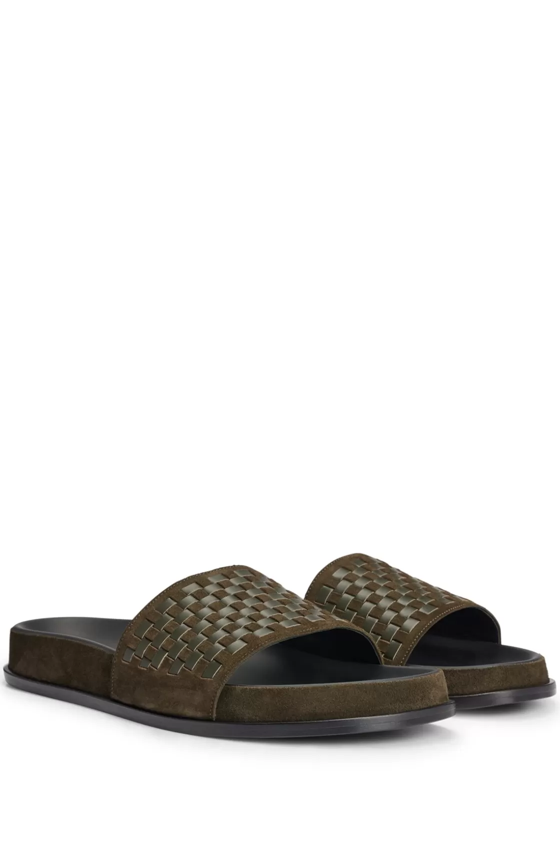 HUGO BOSS Mixed-leather Slides With Woven Upper Strap Dark Green Cheap