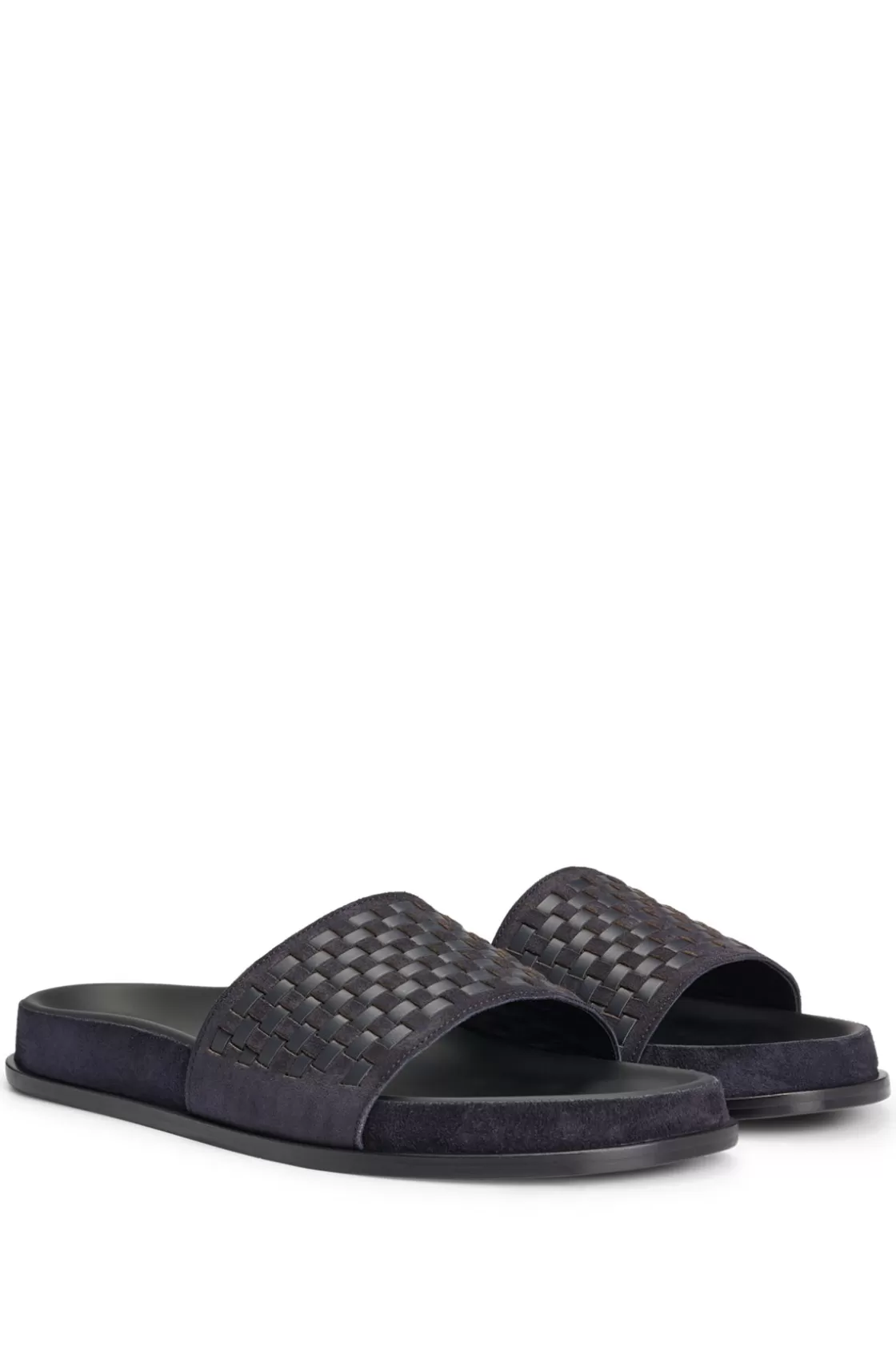 HUGO BOSS Mixed-leather Slides With Woven Upper Strap Dark Blue Sale