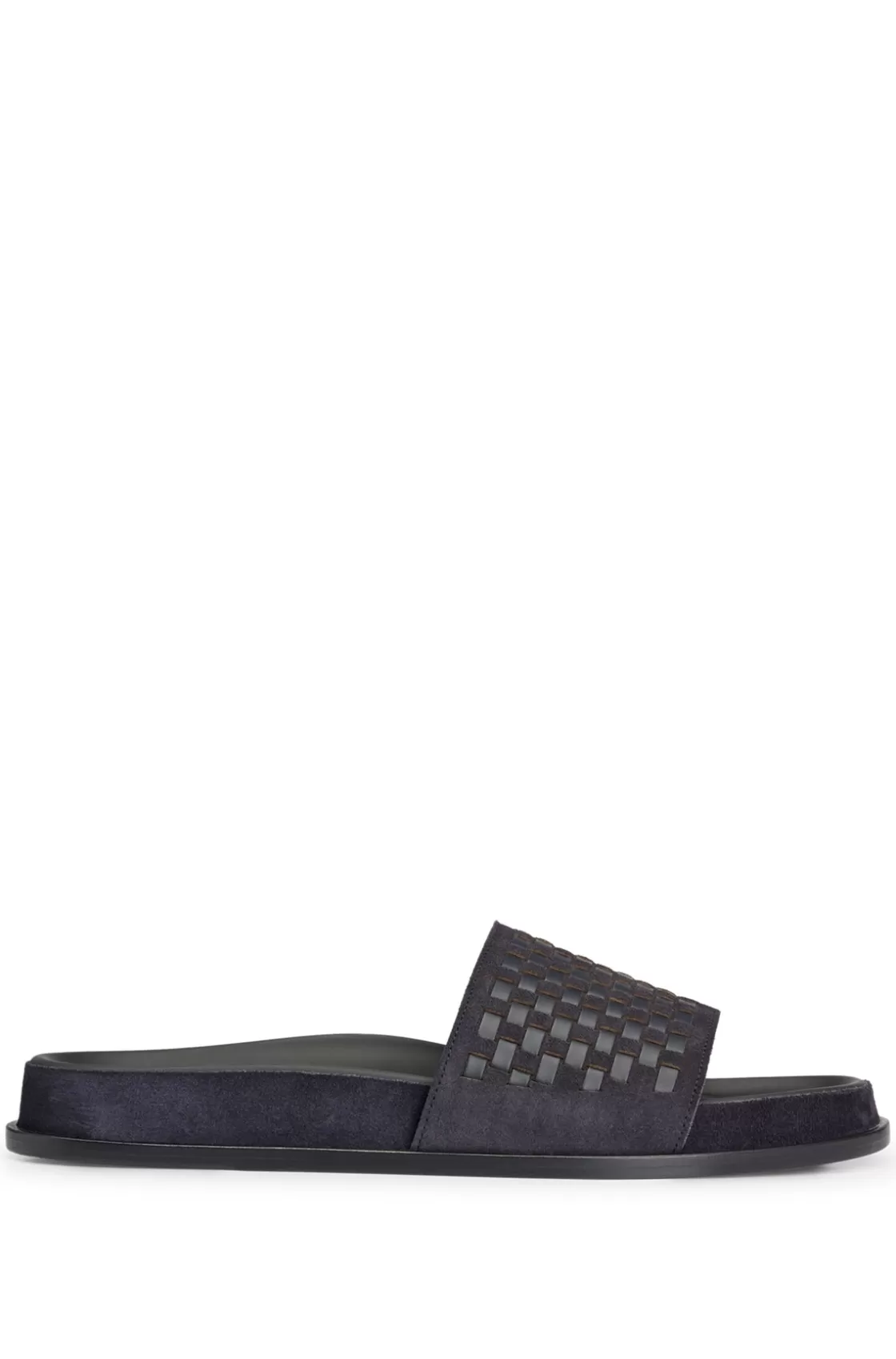 HUGO BOSS Mixed-leather Slides With Woven Upper Strap Dark Blue Sale