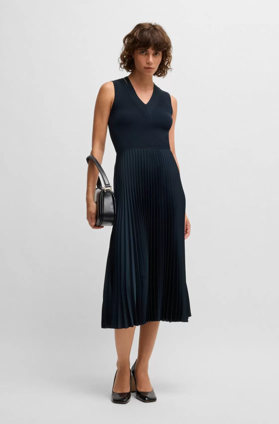 HUGO BOSS Mixed-material Dress With Plissé Skirt Dark Blue Fashion