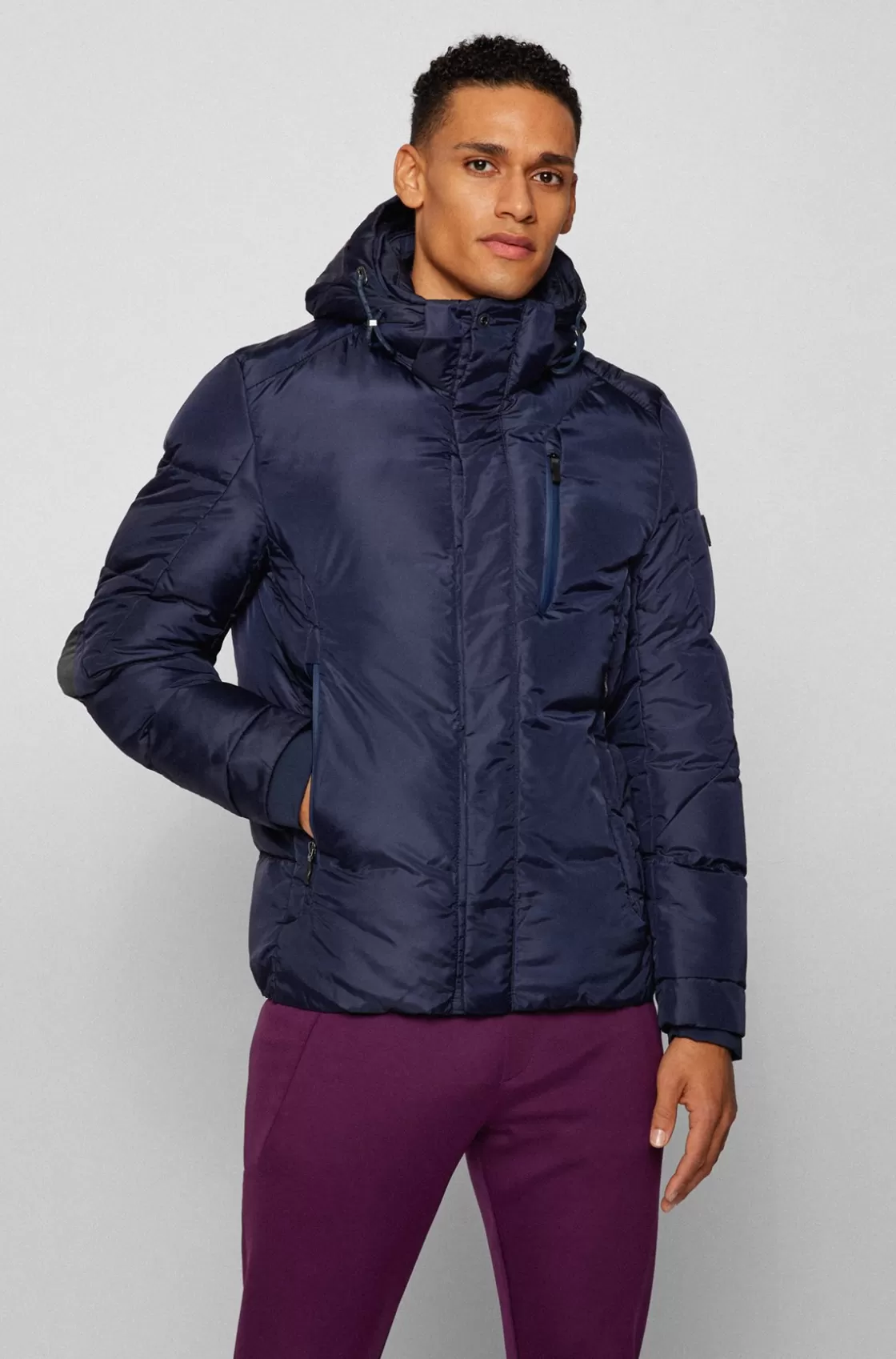 HUGO BOSS Mixed-material Hooded Jacket With Logo Badge Dark Blue Hot