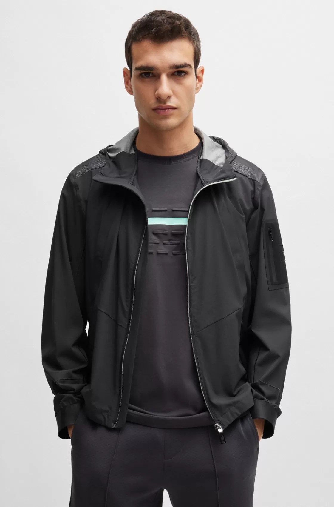 HUGO BOSS Mixed-material Hooded Jacket With Patterned Trims Dark Grey Cheap