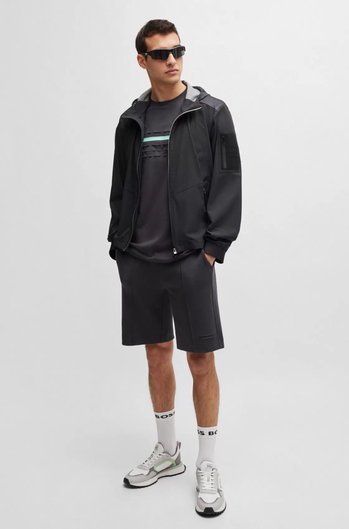 HUGO BOSS Mixed-material Hooded Jacket With Patterned Trims Dark Grey Cheap