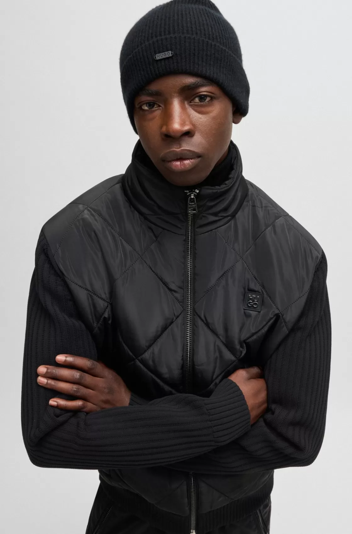 HUGO BOSS Mixed-material Jacket With Quilted Front Panel Black Cheap
