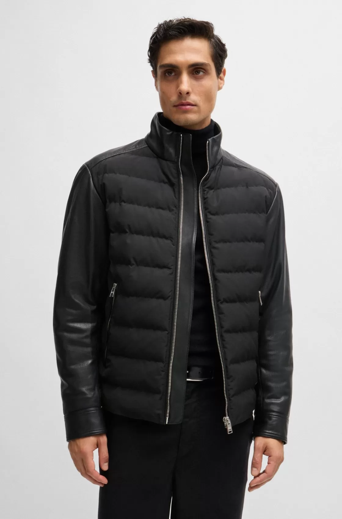 HUGO BOSS Mixed-material Regular-fit Jacket With Leather Sleeves Black Best Sale