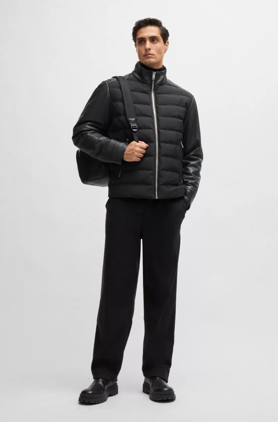 HUGO BOSS Mixed-material Regular-fit Jacket With Leather Sleeves Black Best Sale