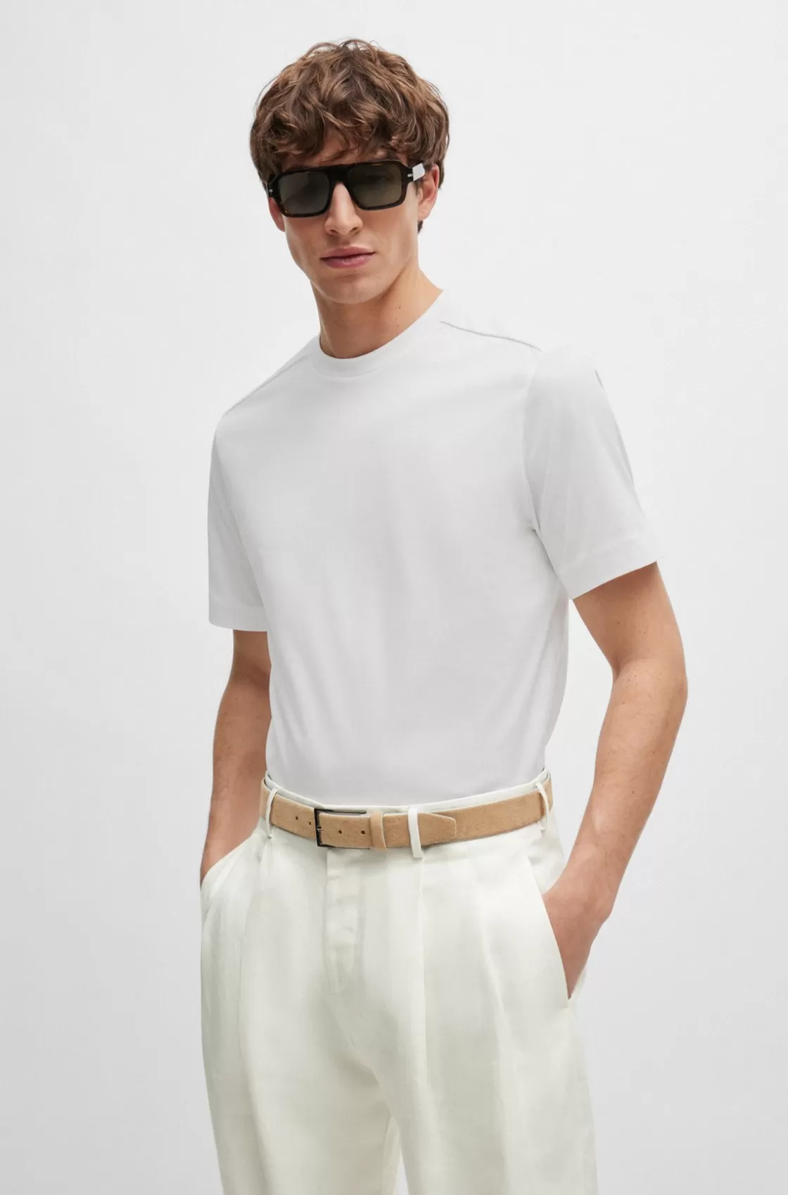 HUGO BOSS Mixed-material T-shirt With Mercerized Stretch Cotton White New