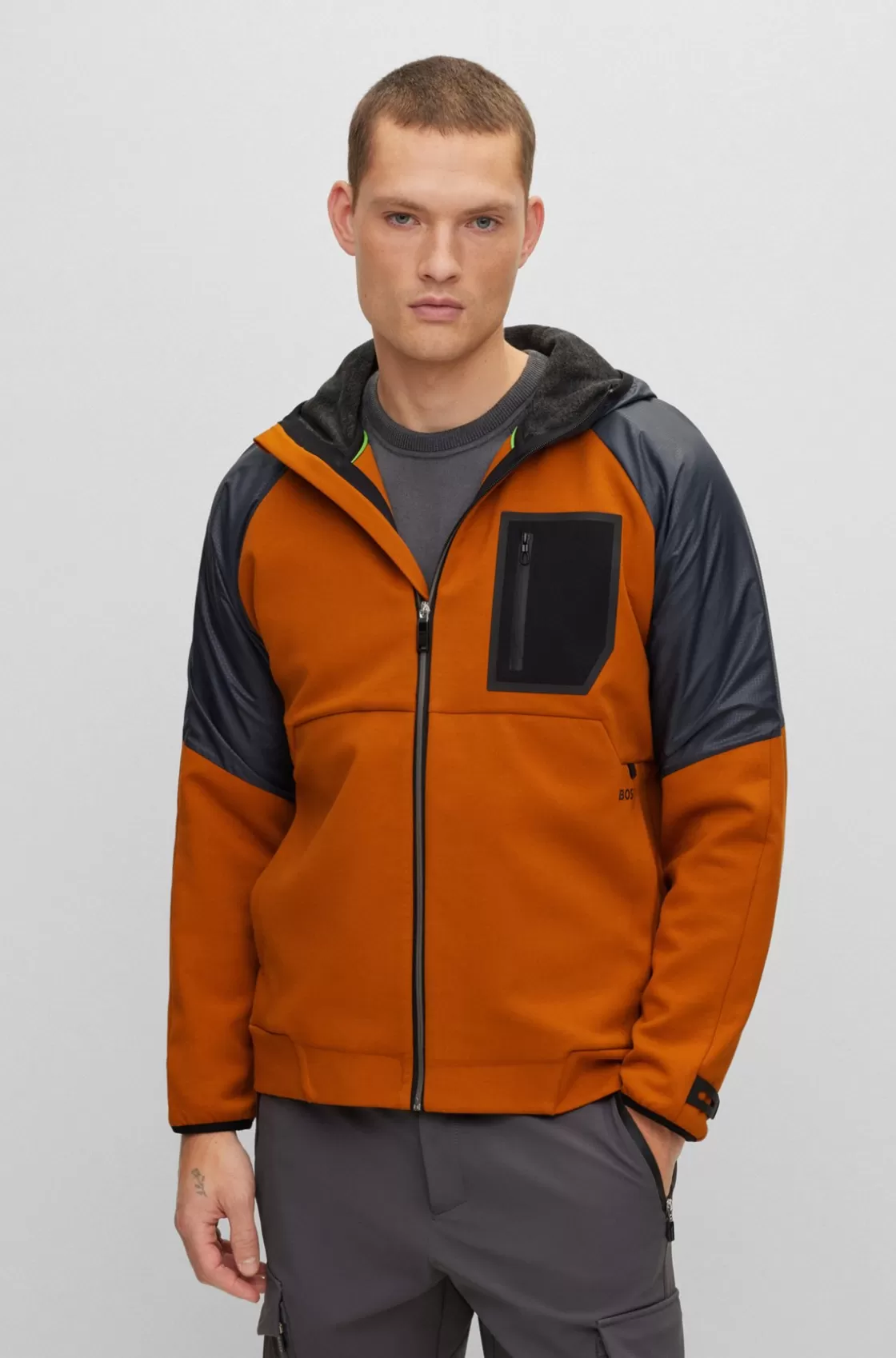 HUGO BOSS Mixed-material Zip-up Hoodie With Fleece Lining Dark Yellow Fashion