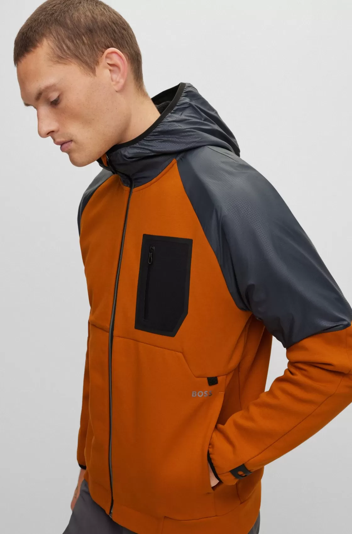 HUGO BOSS Mixed-material Zip-up Hoodie With Fleece Lining Dark Yellow Fashion