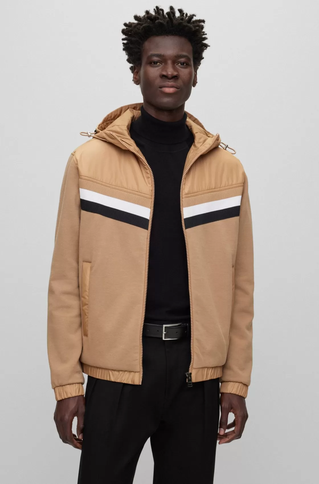 HUGO BOSS Mixed-material Zip-up Hoodie With Signature-stripe Detail Beige Store
