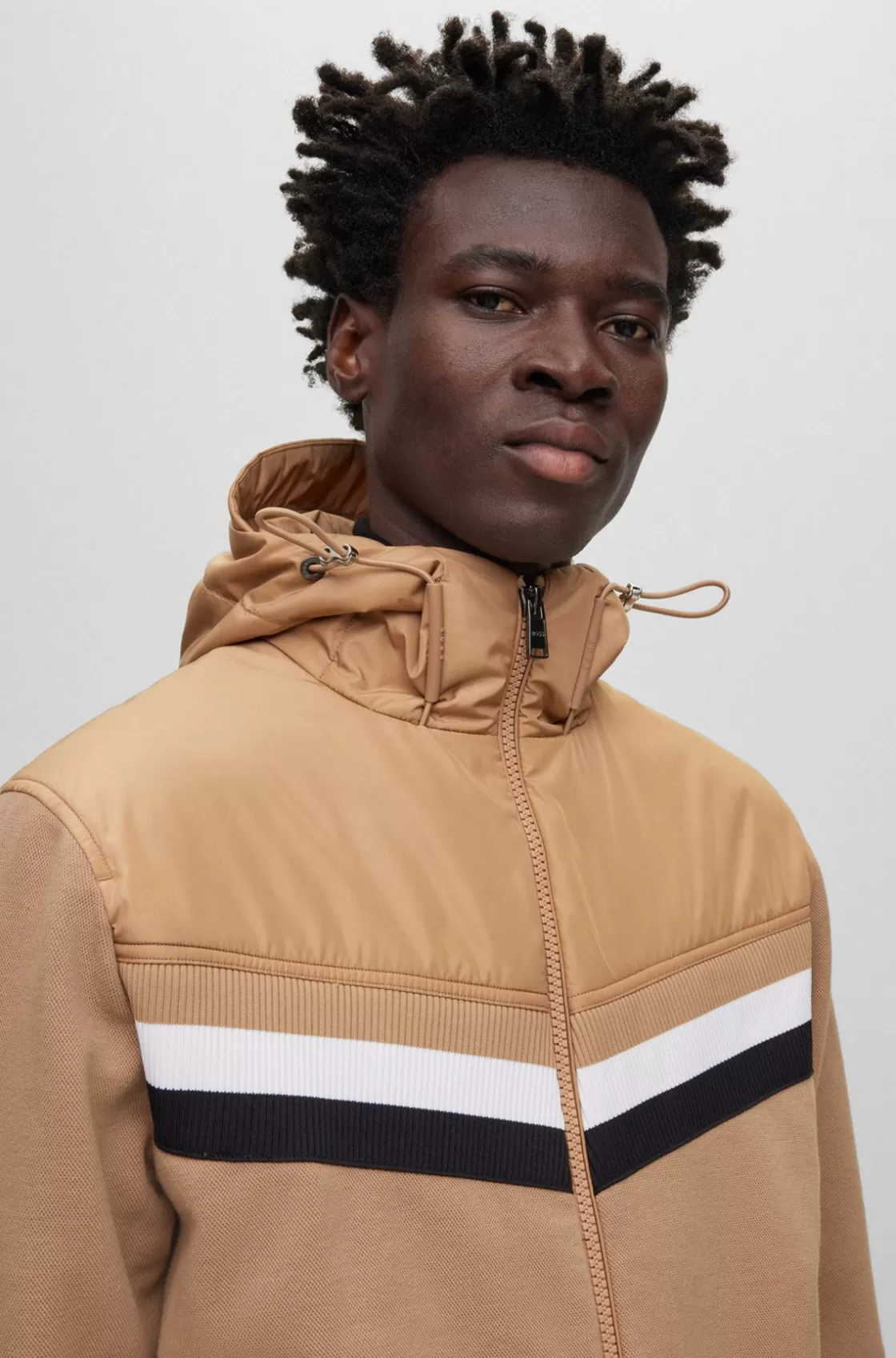 HUGO BOSS Mixed-material Zip-up Hoodie With Signature-stripe Detail Beige Store