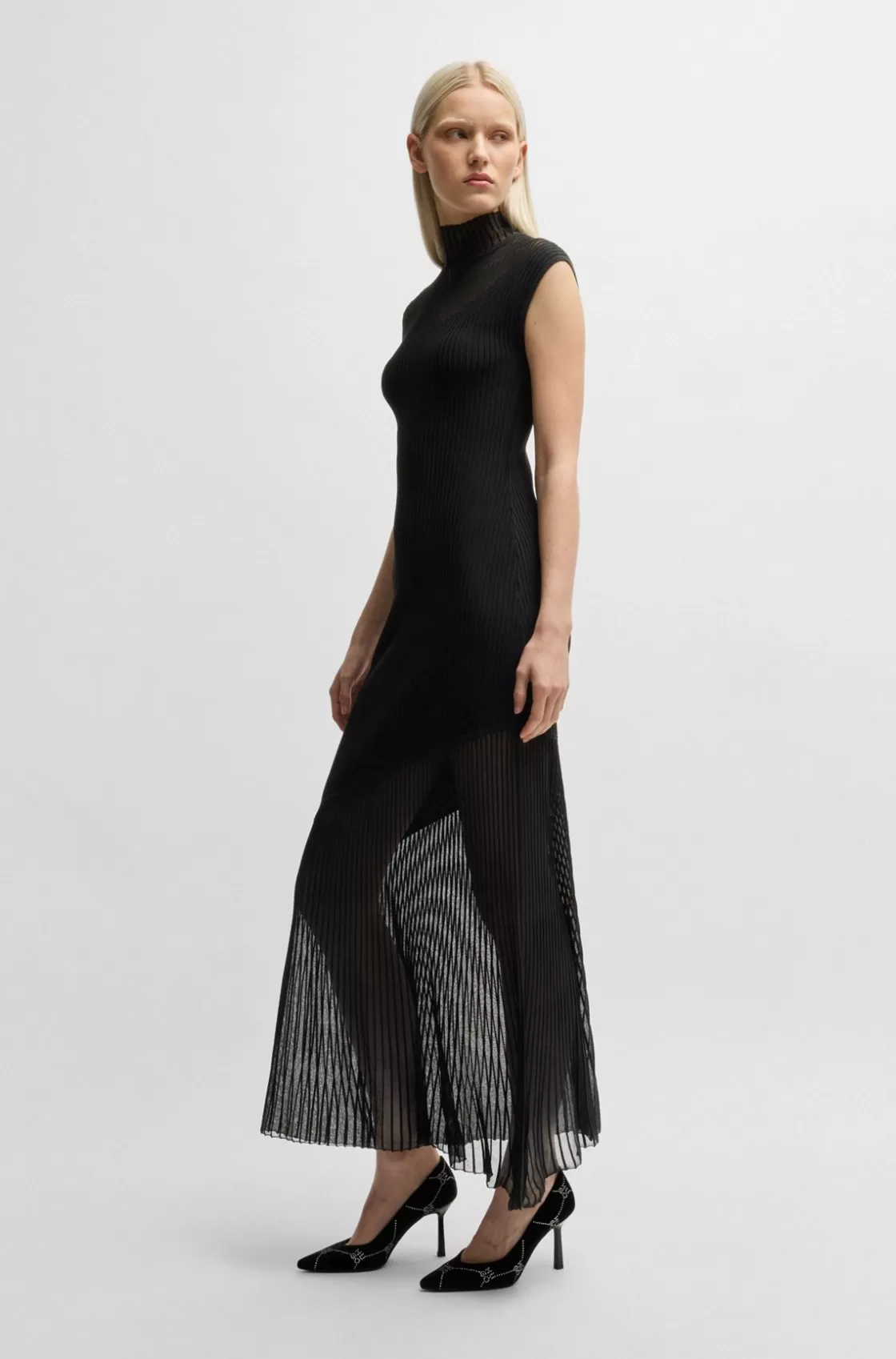 HUGO BOSS Mock-neck Ribbed Crepe Midi Dress With Sheer Sections Black Cheap