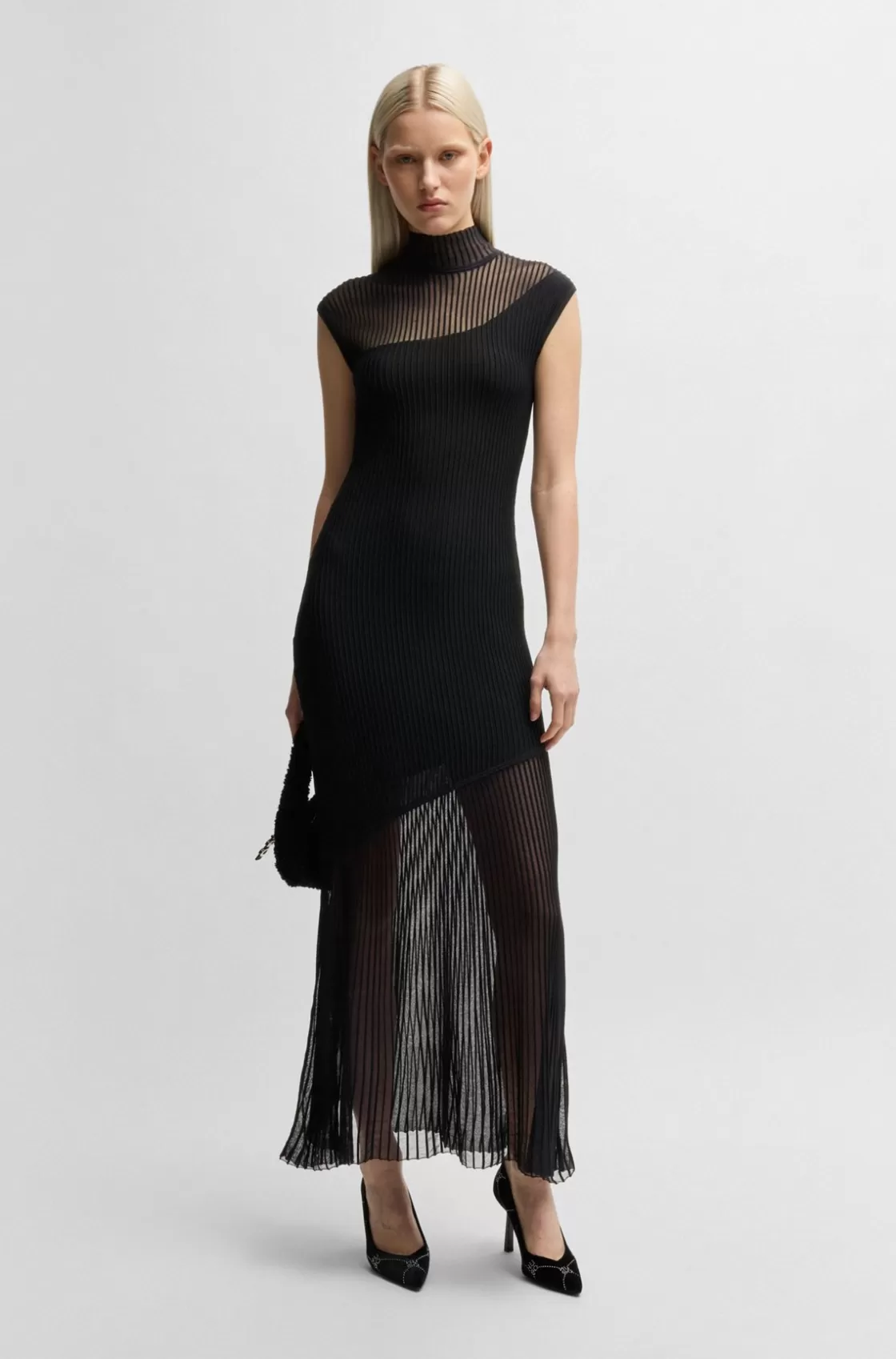 HUGO BOSS Mock-neck Ribbed Crepe Midi Dress With Sheer Sections Black Cheap