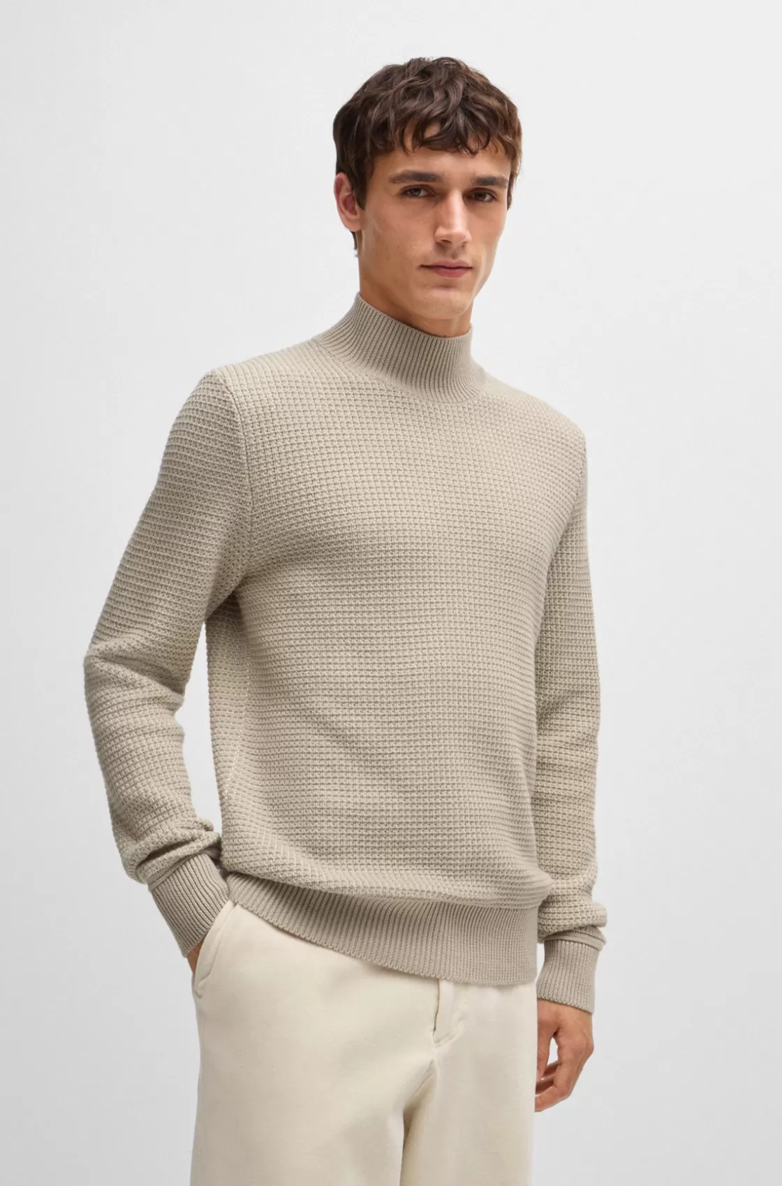 HUGO BOSS Mock-neck Sweater In Cotton And Wool Light Beige Cheap