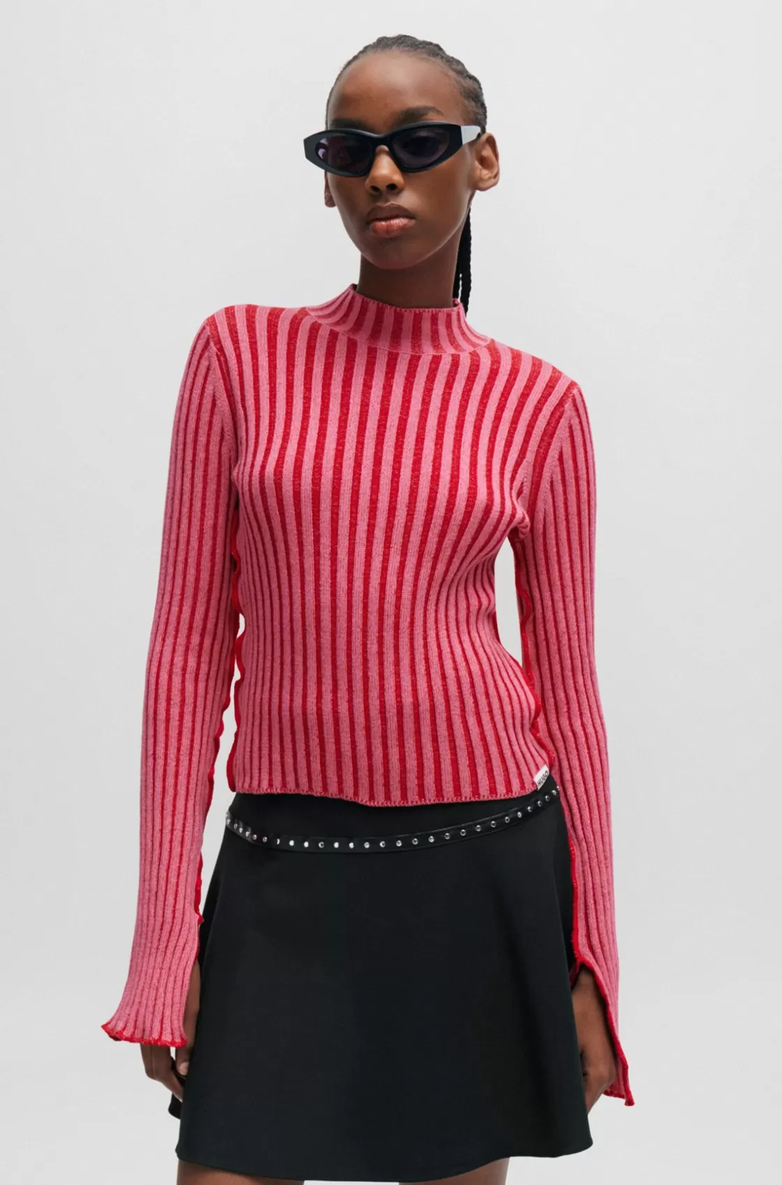 HUGO BOSS Mock-neck Sweater In Ribbed Cotton With Frilled Seams light pink Shop