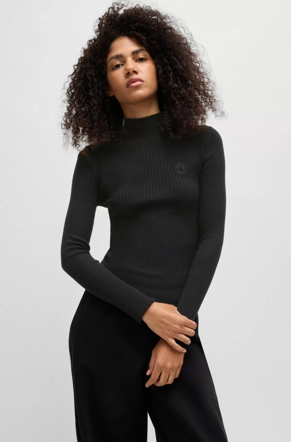 HUGO BOSS Mock-neck Sweater With Embroidered Happy HUGO Logo Black Hot