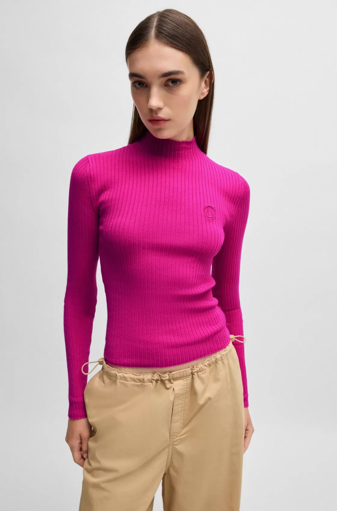 HUGO BOSS Mock-neck Sweater With Embroidered Happy HUGO Logo Pink Fashion