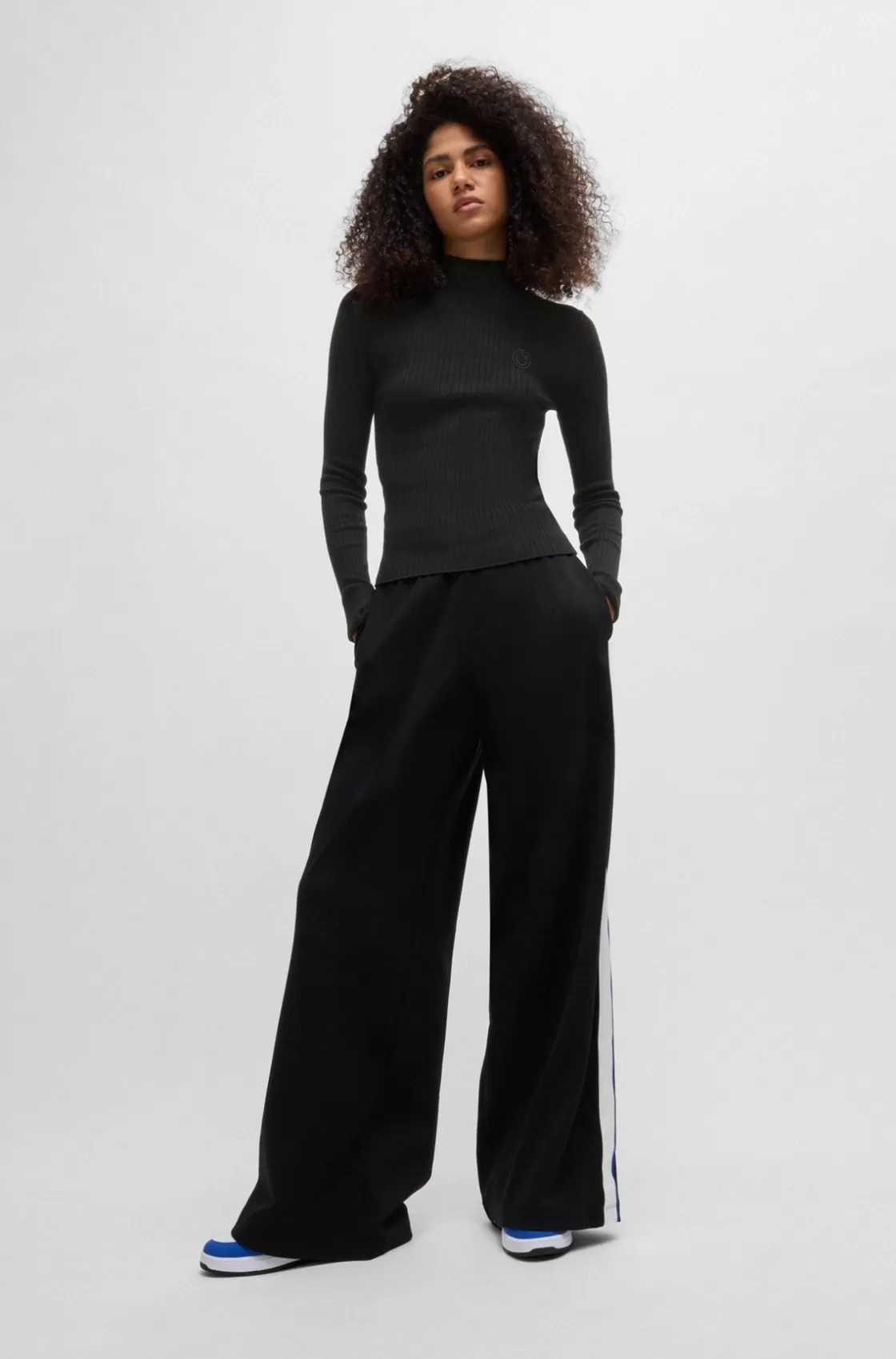 HUGO BOSS Mock-neck Sweater With Embroidered Happy HUGO Logo Black Hot