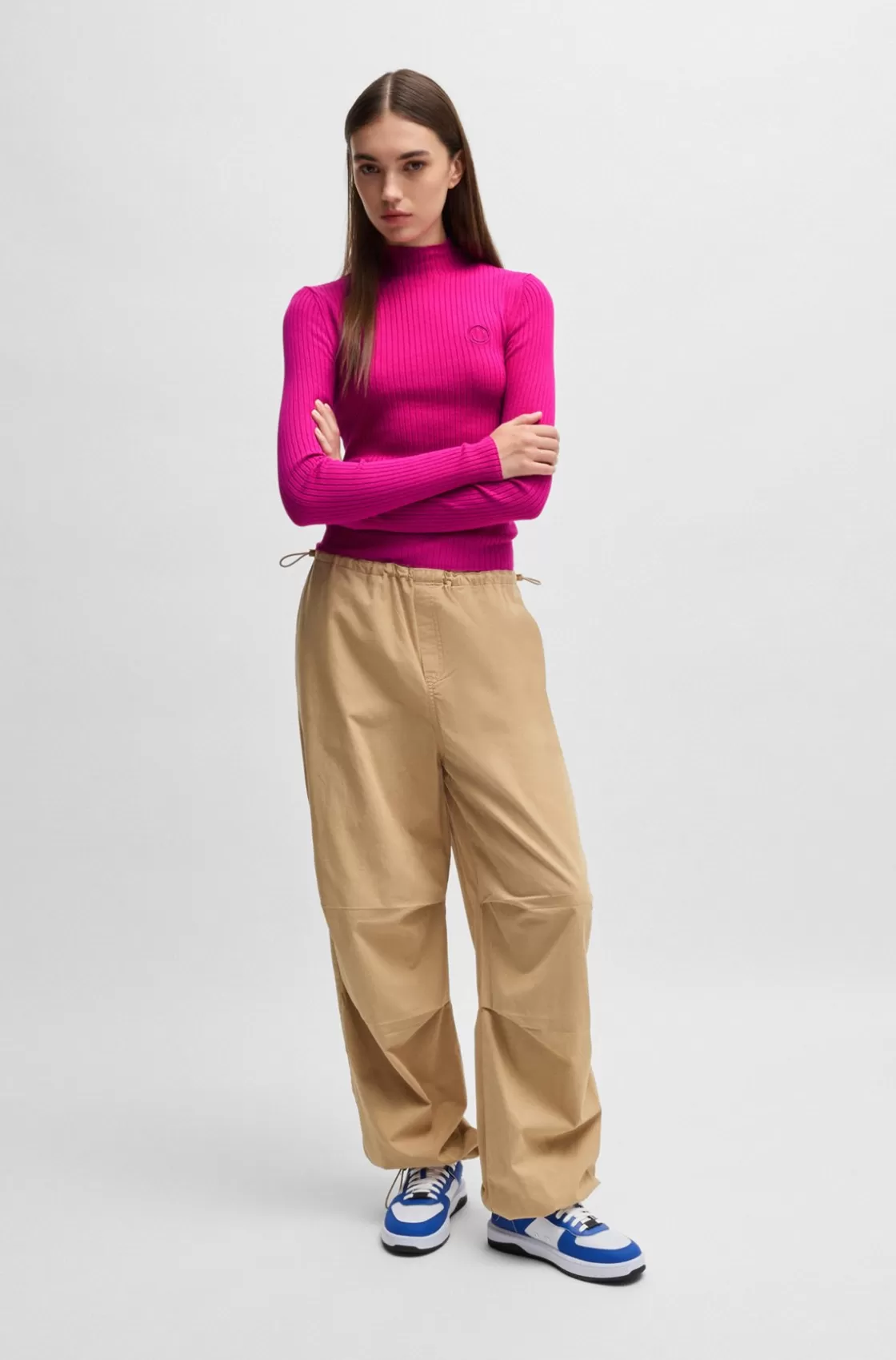 HUGO BOSS Mock-neck Sweater With Embroidered Happy HUGO Logo Pink Fashion