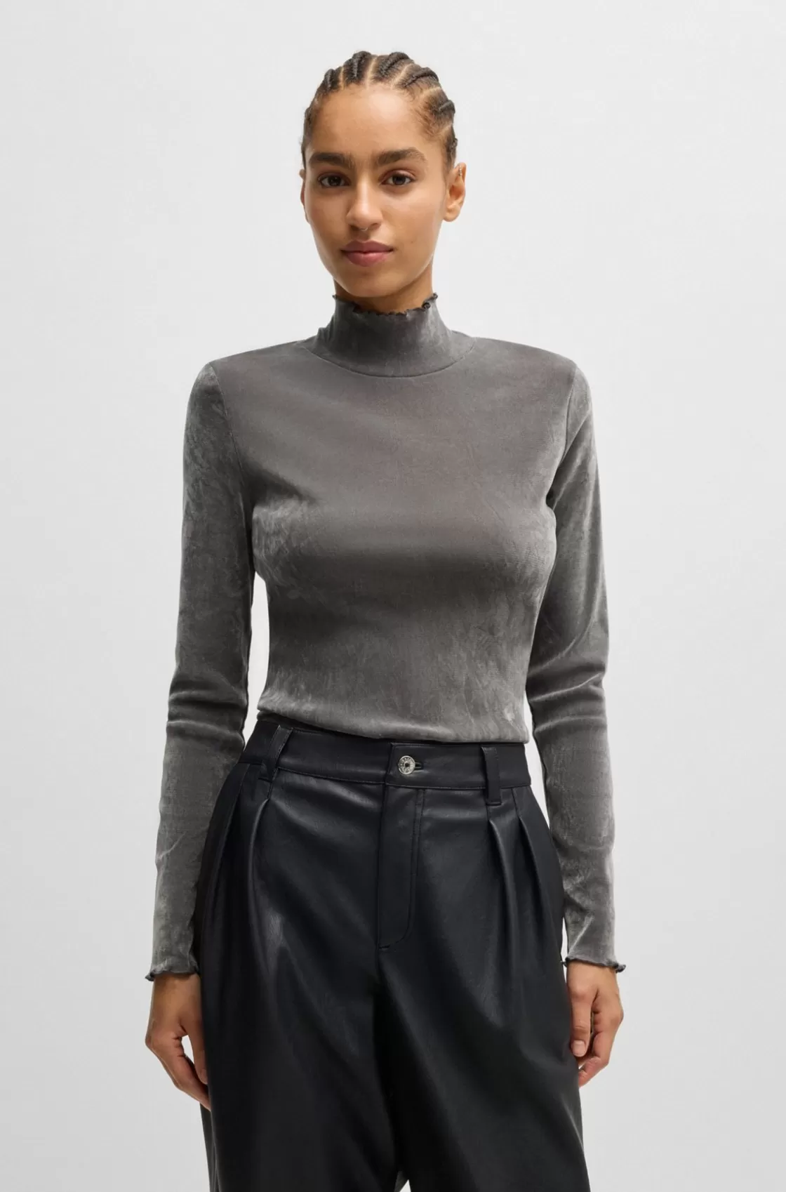 HUGO BOSS Mock-neck Top In Velvet-touch Mesh Silver Hot