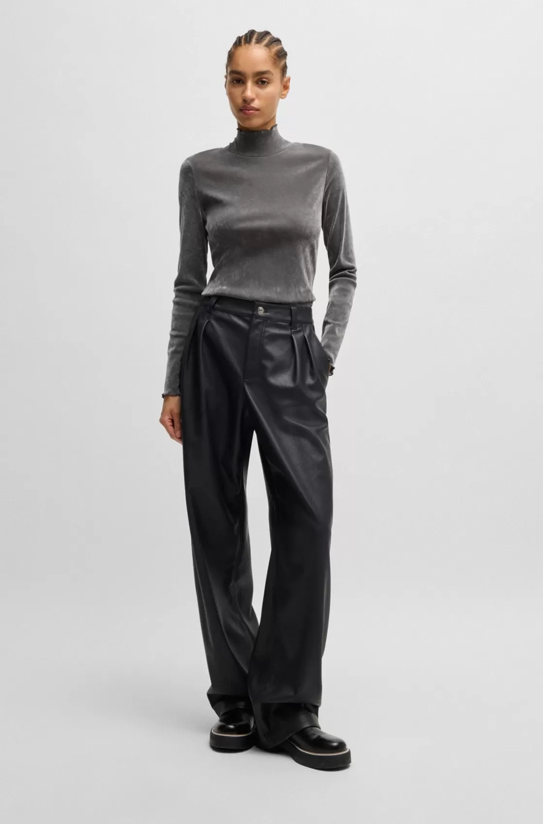 HUGO BOSS Mock-neck Top In Velvet-touch Mesh Silver Hot