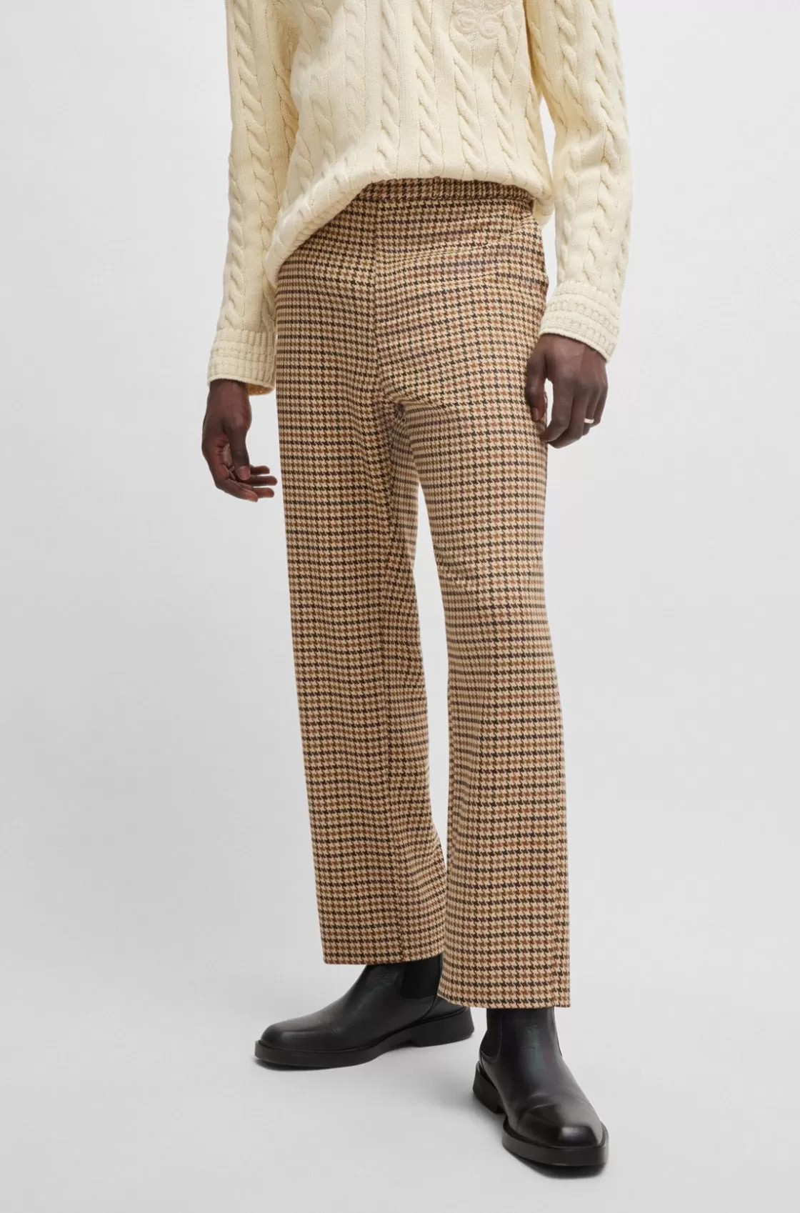 HUGO BOSS Modern-fit Trousers In Houndstooth Stretch Material Dark Brown Outlet