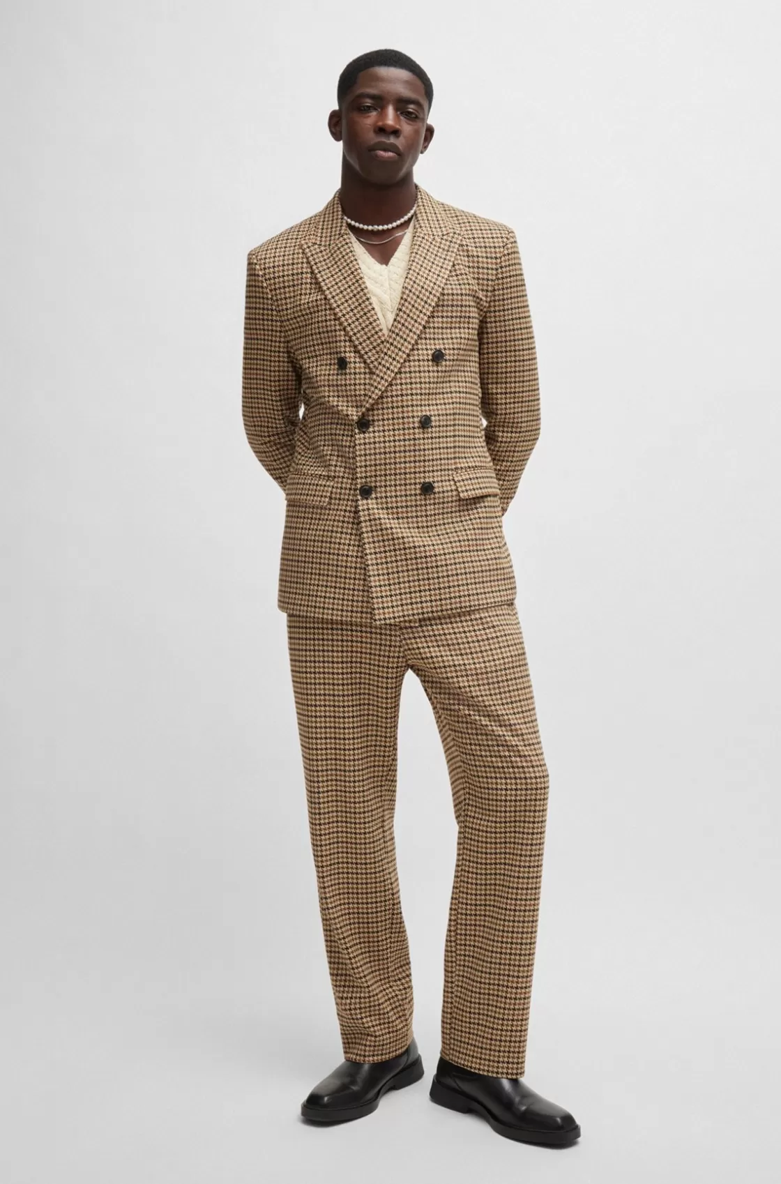 HUGO BOSS Modern-fit Trousers In Houndstooth Stretch Material Dark Brown Outlet