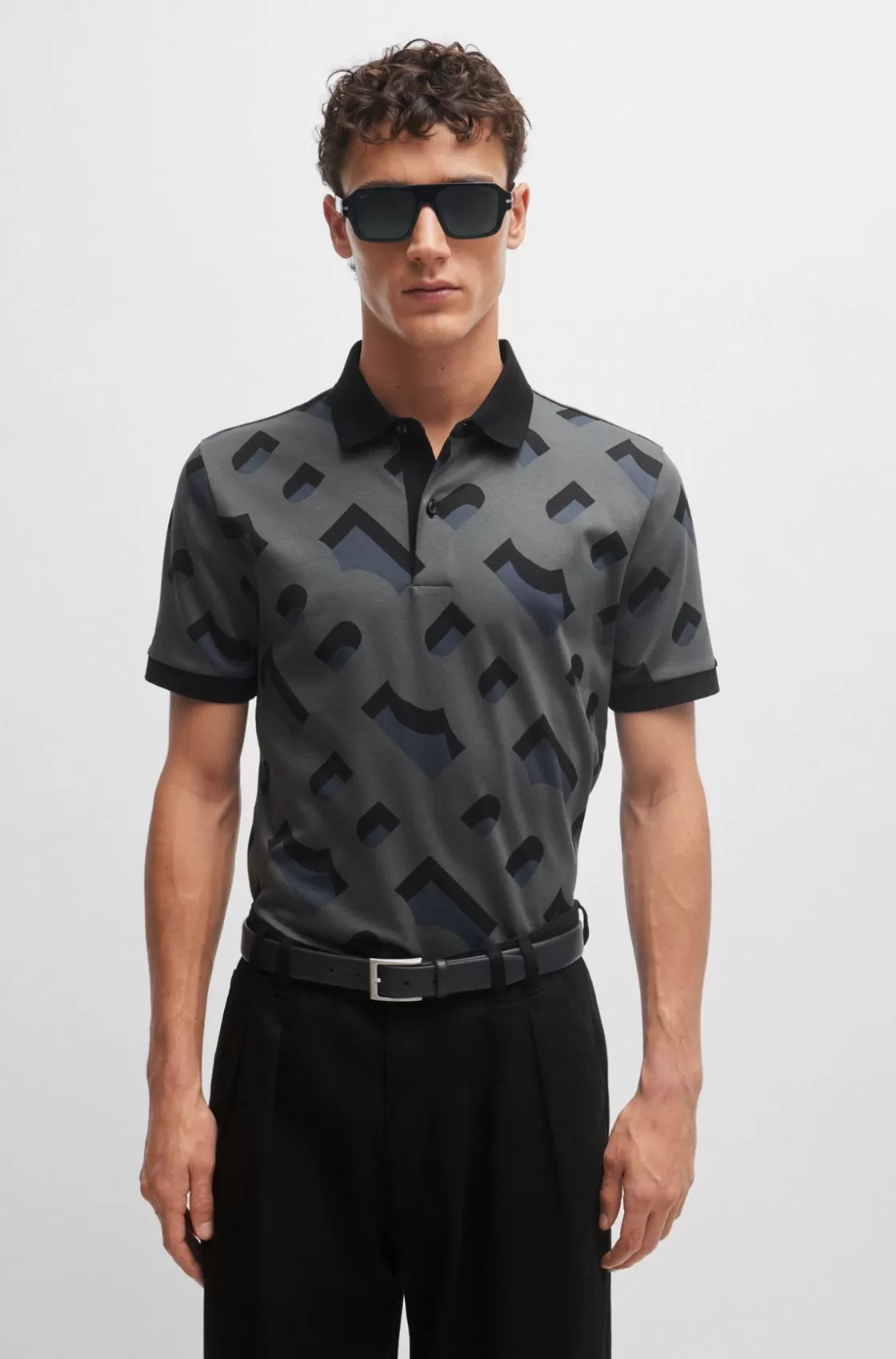 HUGO BOSS Monogram-jacquard Polo Shirt In Mercerized Stretch Cotton Black Cheap
