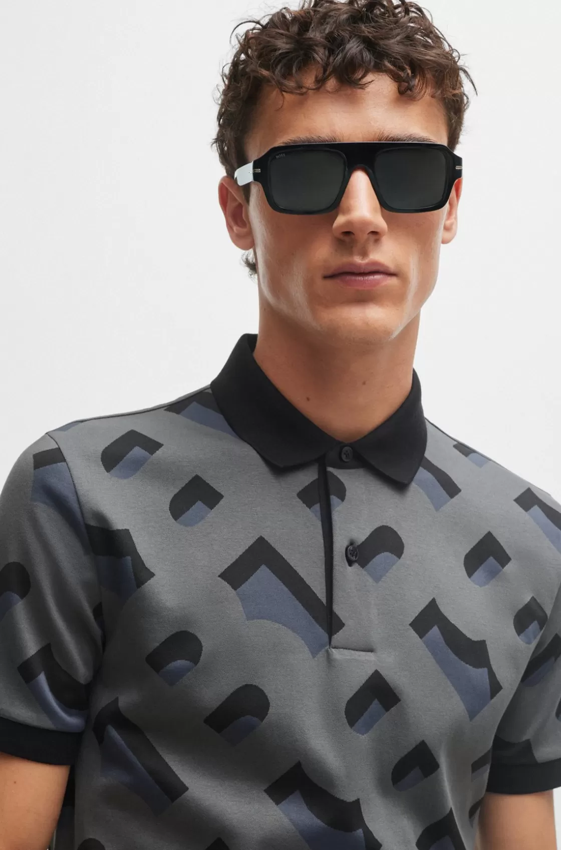 HUGO BOSS Monogram-jacquard Polo Shirt In Mercerized Stretch Cotton Black Cheap
