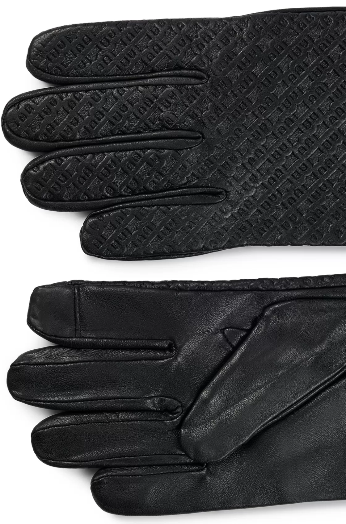 HUGO BOSS Monogrammed Gloves In Leather With Touchscreen-friendly Fingertips Black New