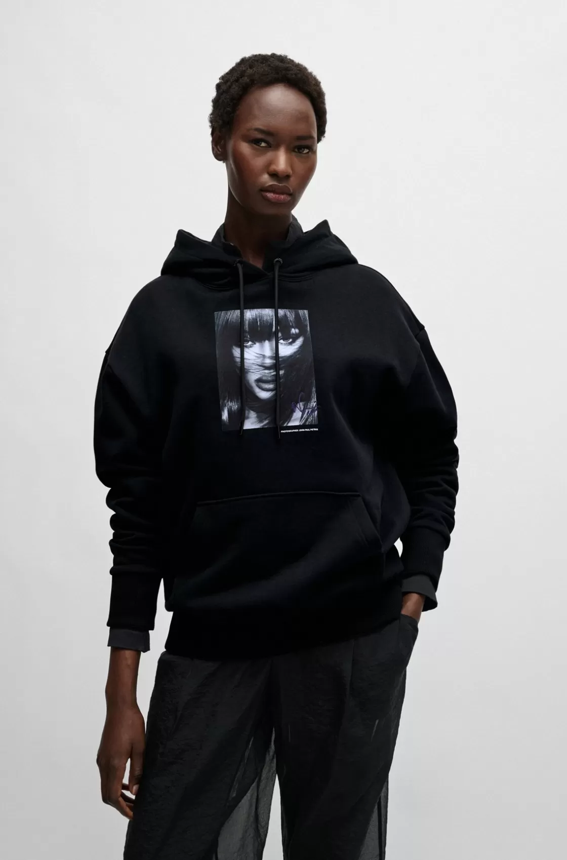 HUGO BOSS NAOMI X BOSS Cotton-terry Sweatshirt With Ribbed Trims Black New