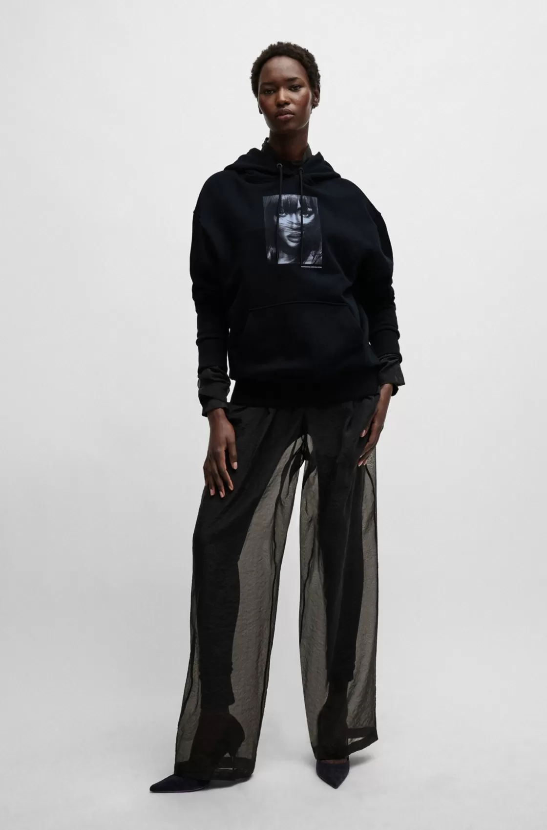HUGO BOSS NAOMI X BOSS Cotton-terry Sweatshirt With Ribbed Trims Black New