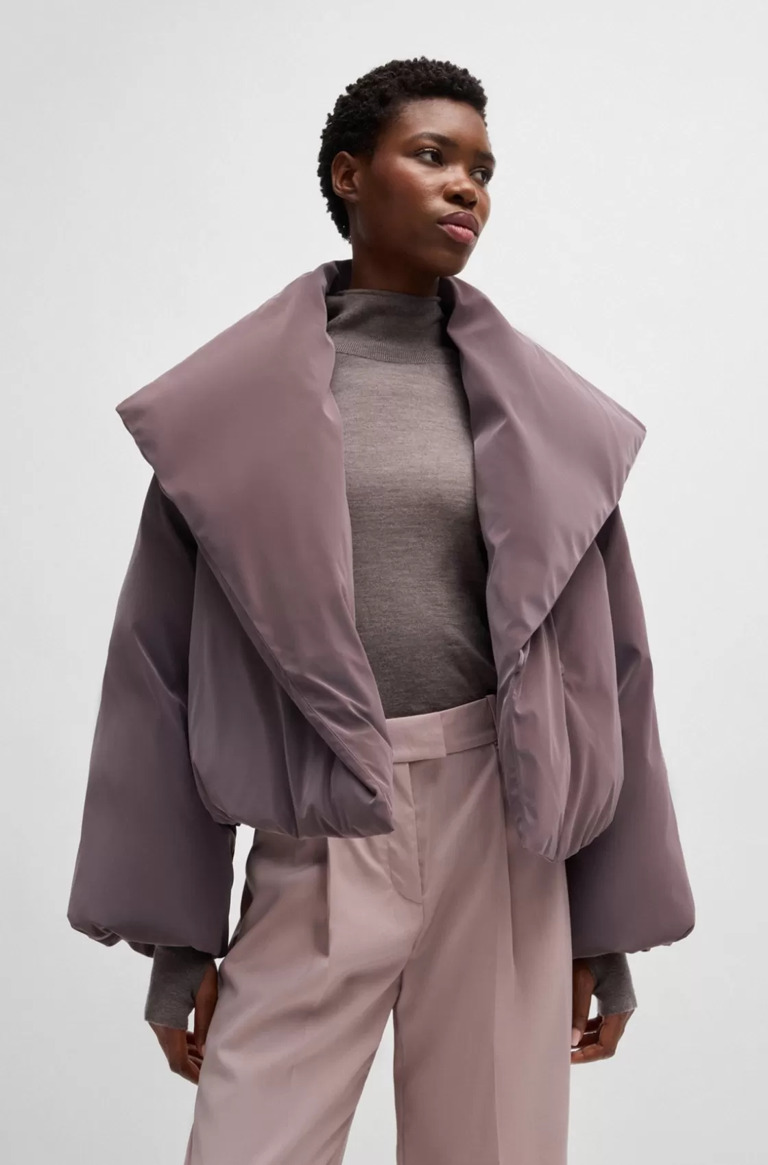 HUGO BOSS NAOMI X BOSS Cropped Down Jacket In Velvet-touch Fabric Light Grey Discount