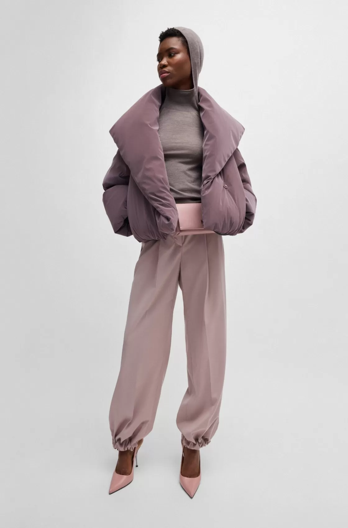 HUGO BOSS NAOMI X BOSS Cropped Down Jacket In Velvet-touch Fabric Light Grey Discount