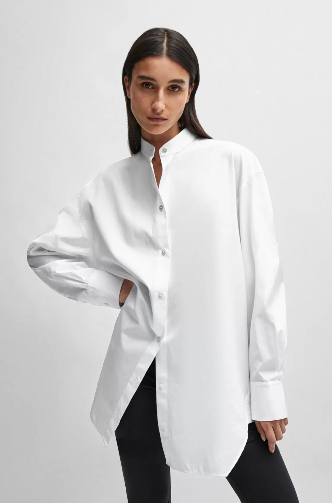 HUGO BOSS NAOMI X BOSS Longline Cotton Blouse With Crinkle-free Effect White Sale