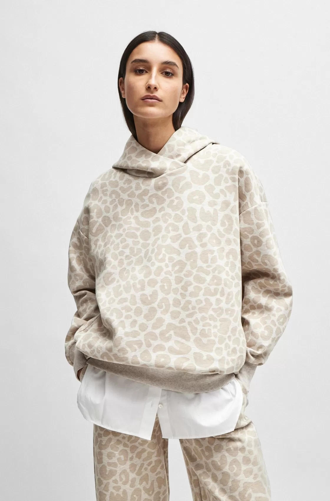 HUGO BOSS NAOMI X BOSS Longline Hoodie With Leopard Pattern White Sale