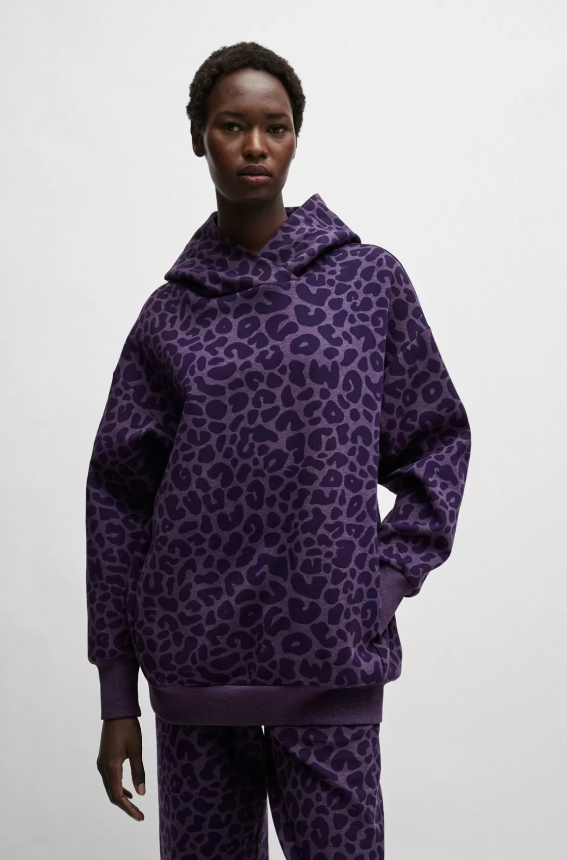 HUGO BOSS NAOMI X BOSS Longline Hoodie With Leopard Pattern Dark Purple Shop