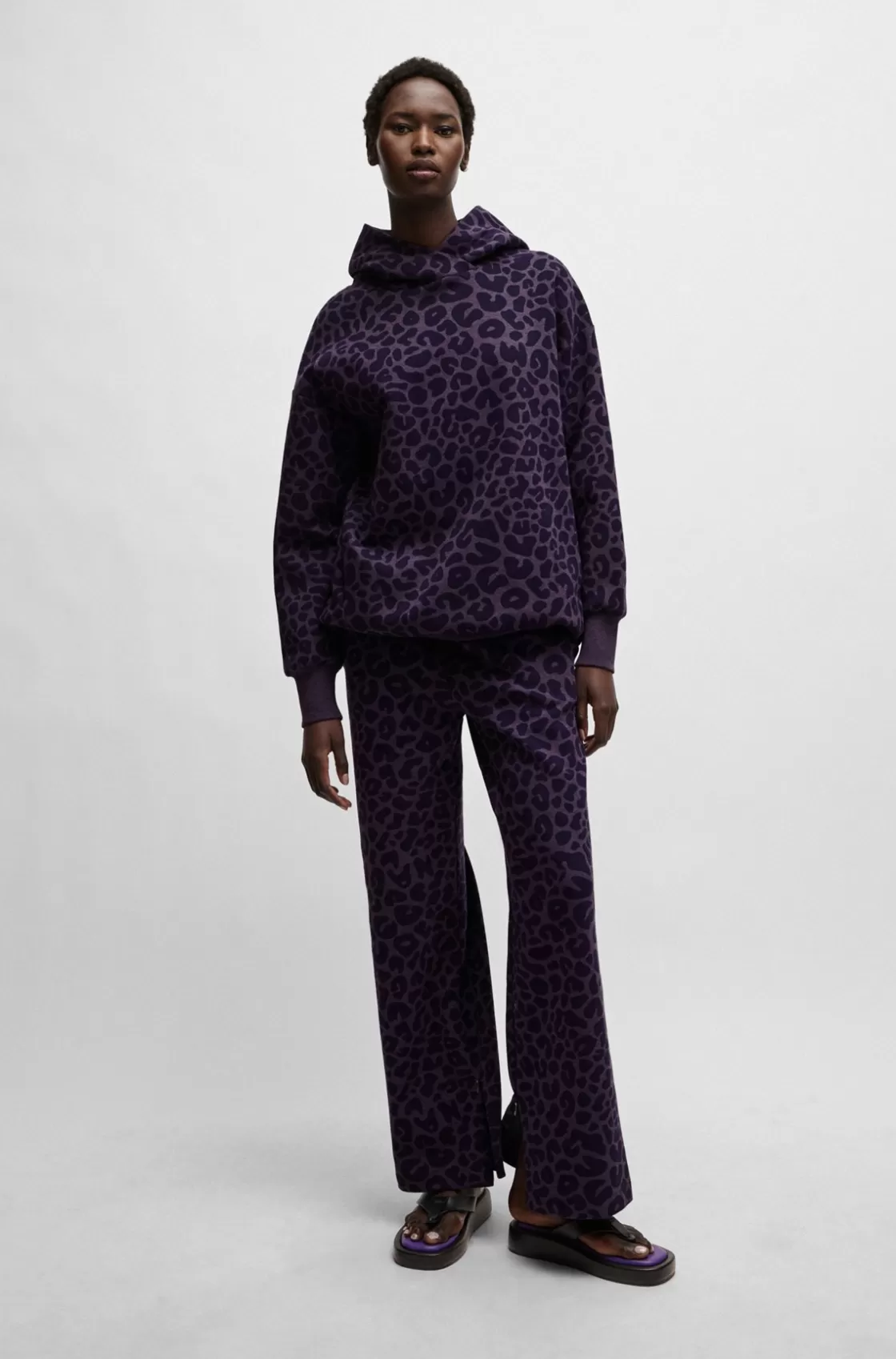 HUGO BOSS NAOMI X BOSS Longline Hoodie With Leopard Pattern Dark Purple Shop