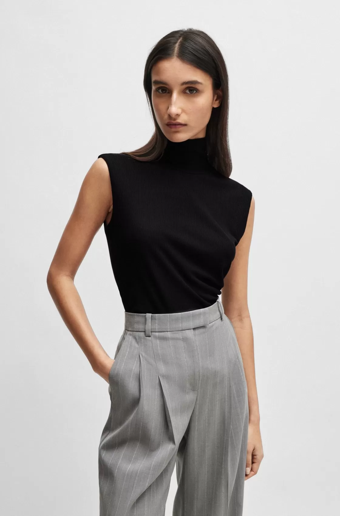 HUGO BOSS Naomi X BOSS Ribbed Sleeveless Rollneck Top Black Discount