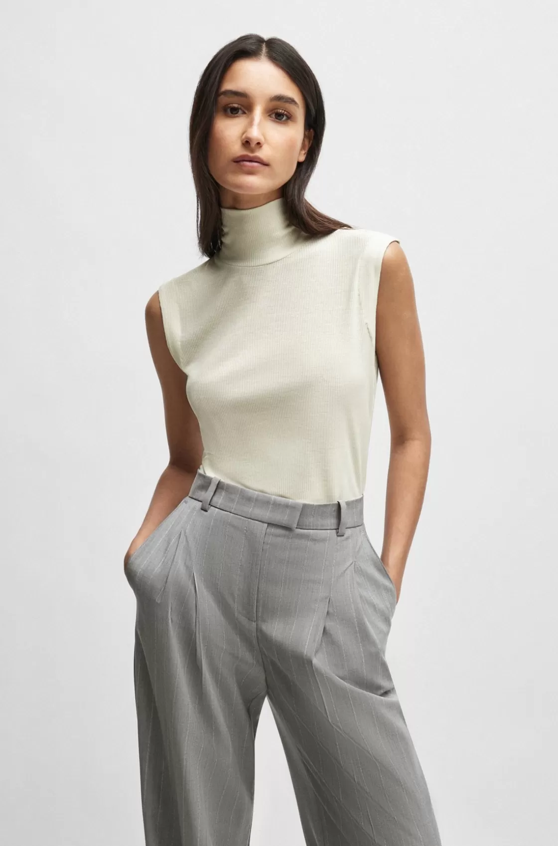 HUGO BOSS Naomi X BOSS Ribbed Sleeveless Rollneck Top White Sale