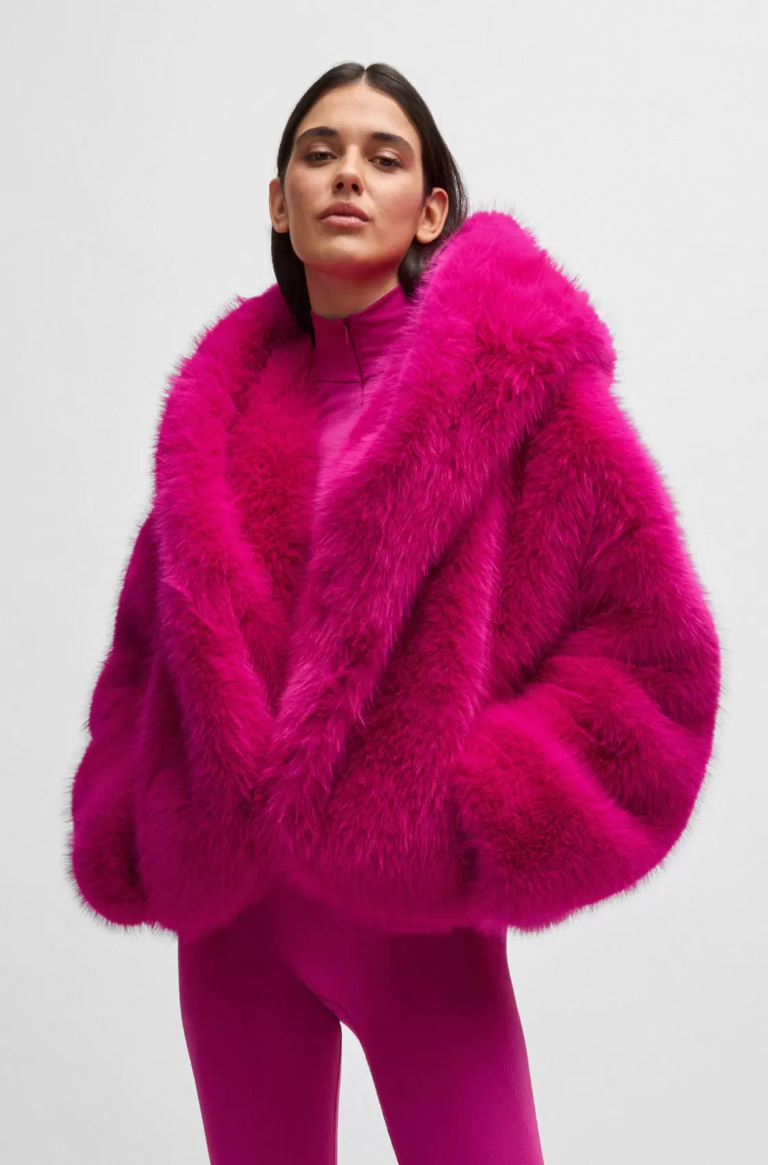 HUGO BOSS NAOMI X BOSS Short Coat In Faux Fur Pink New