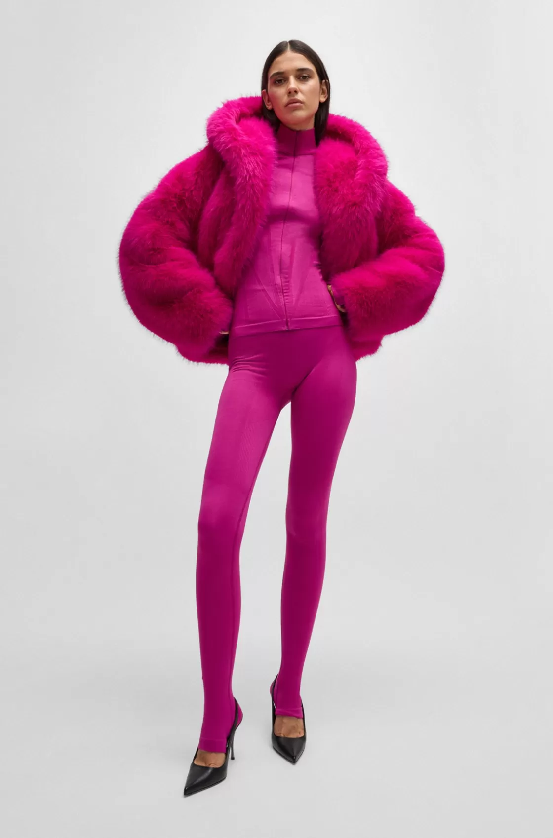 HUGO BOSS NAOMI X BOSS Short Coat In Faux Fur Pink New