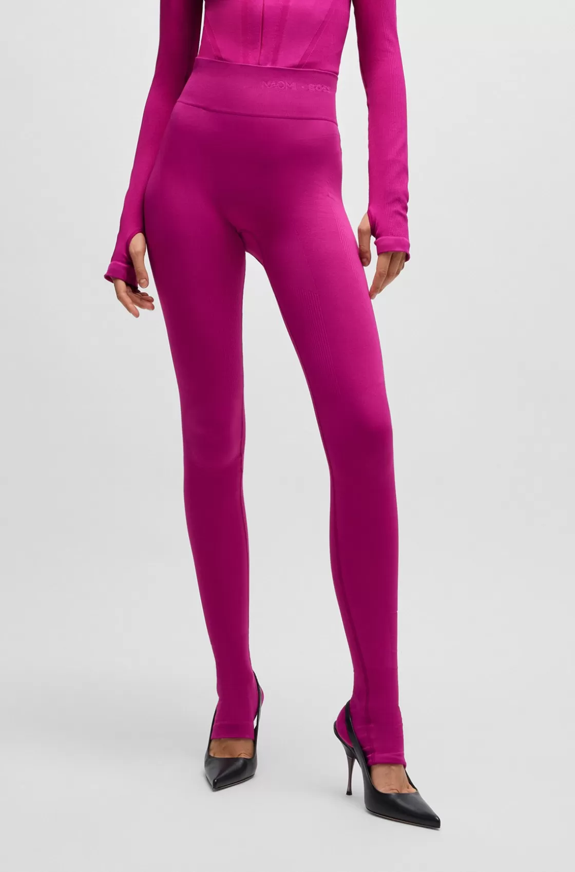 HUGO BOSS NAOMI X BOSS Stretch-jersey Leggings With Branded Waistband Pink New