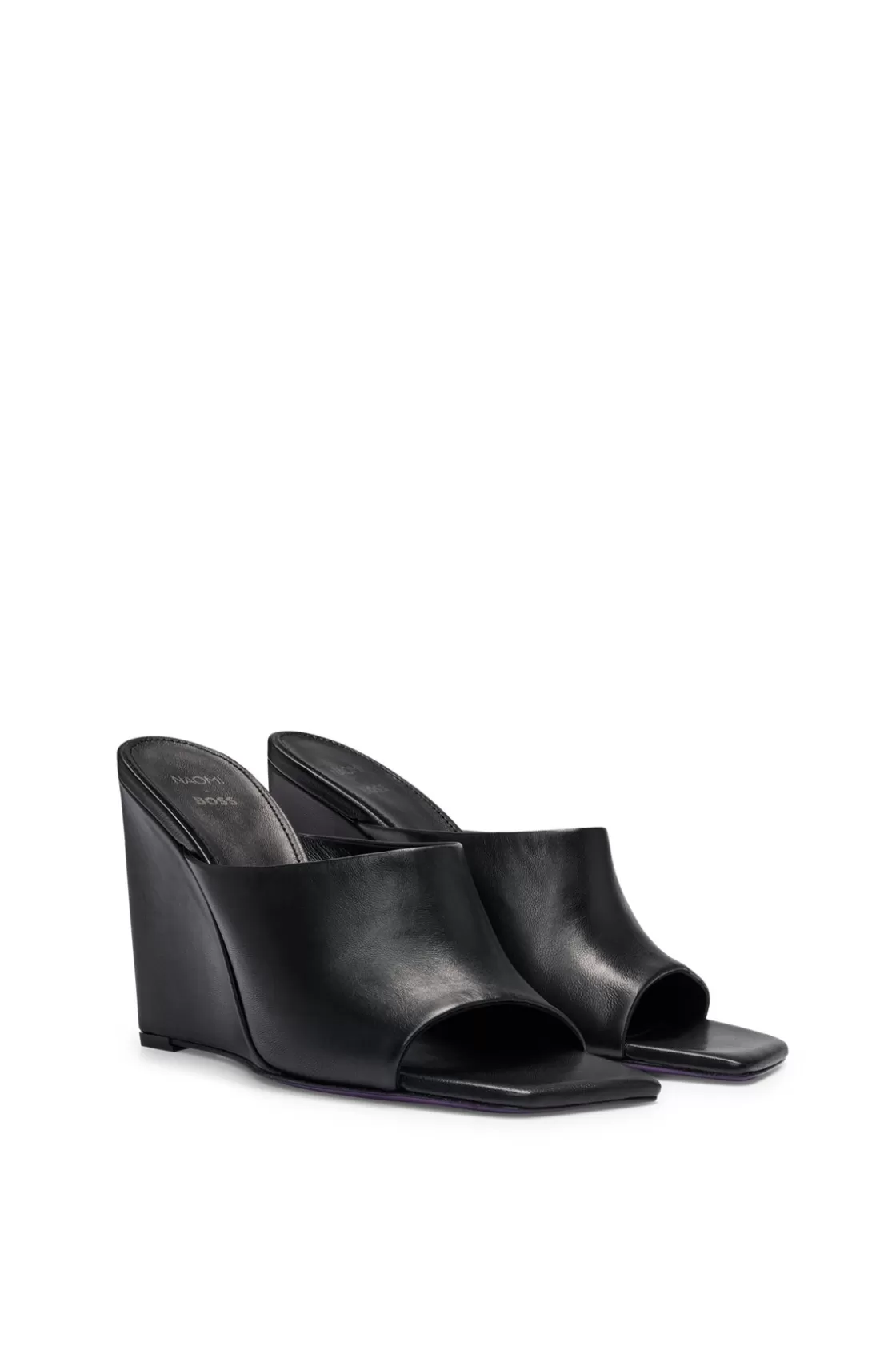 HUGO BOSS NAOMI X BOSS Wedge-heel Mules In Leather Black New