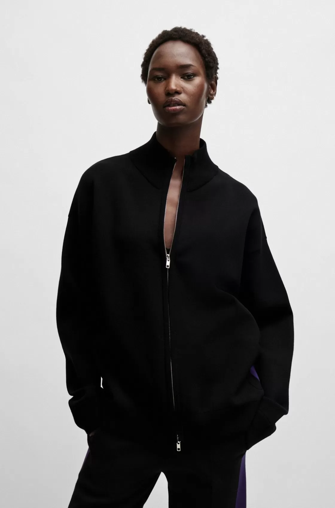 HUGO BOSS NAOMI X BOSS Zip-up Knitted Jacket With Logo Patch Black Outlet
