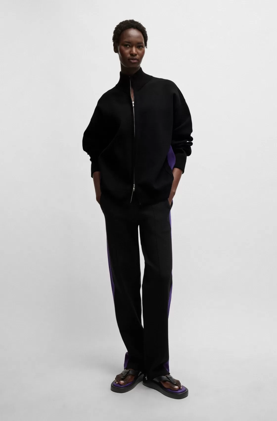HUGO BOSS NAOMI X BOSS Zip-up Knitted Jacket With Logo Patch Black Outlet