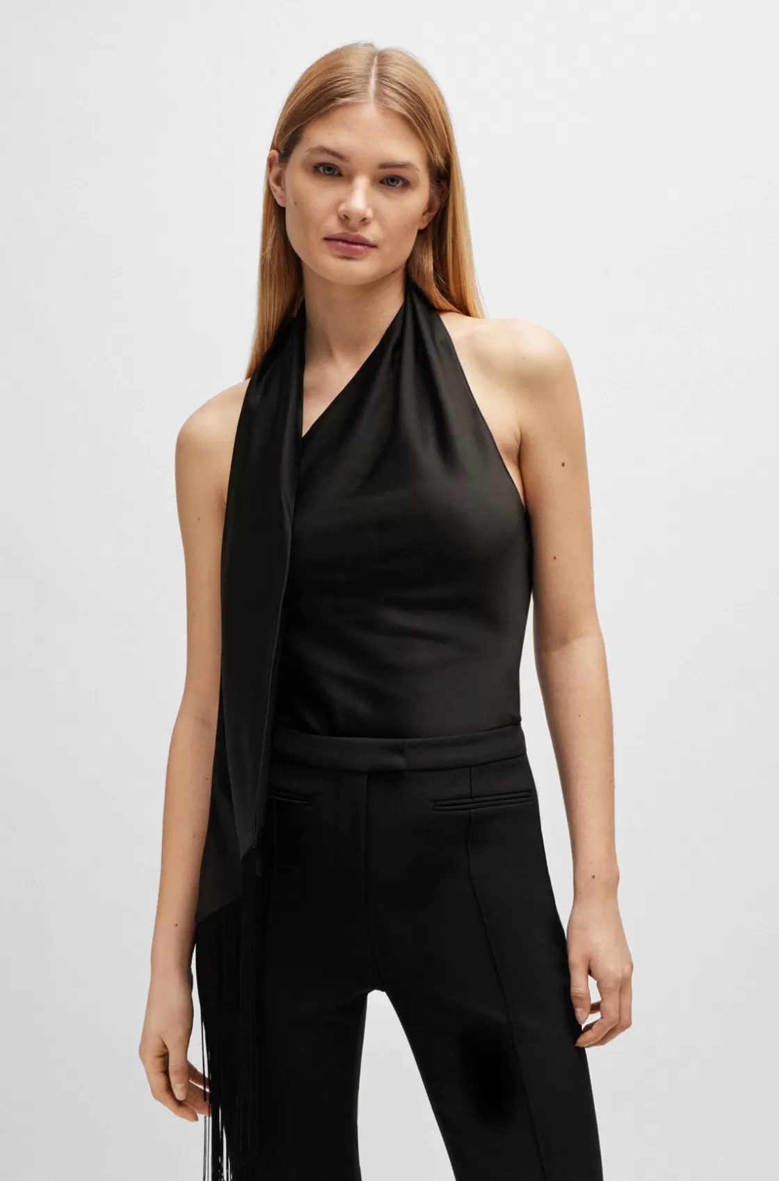 HUGO BOSS One-shoulder Blouse With Fringed Scarf Detail Black New