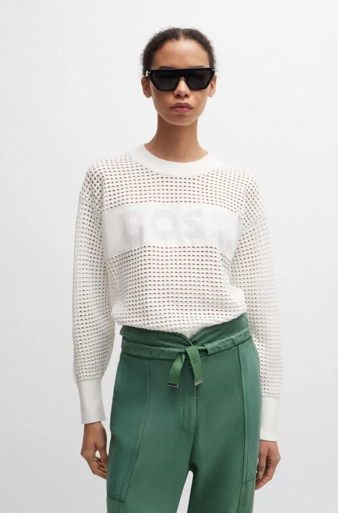 HUGO BOSS Open-knit Sweater With Logo Detail White Shop