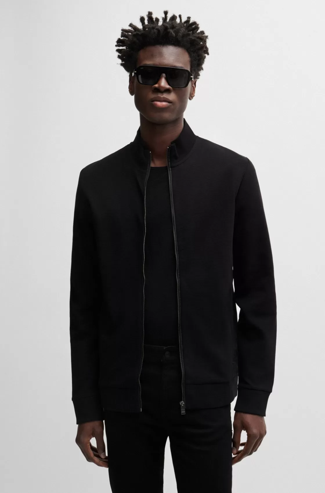 HUGO BOSS Ottoman-structured Zip-up Sweatshirt With Tonal Side Panels Black Online