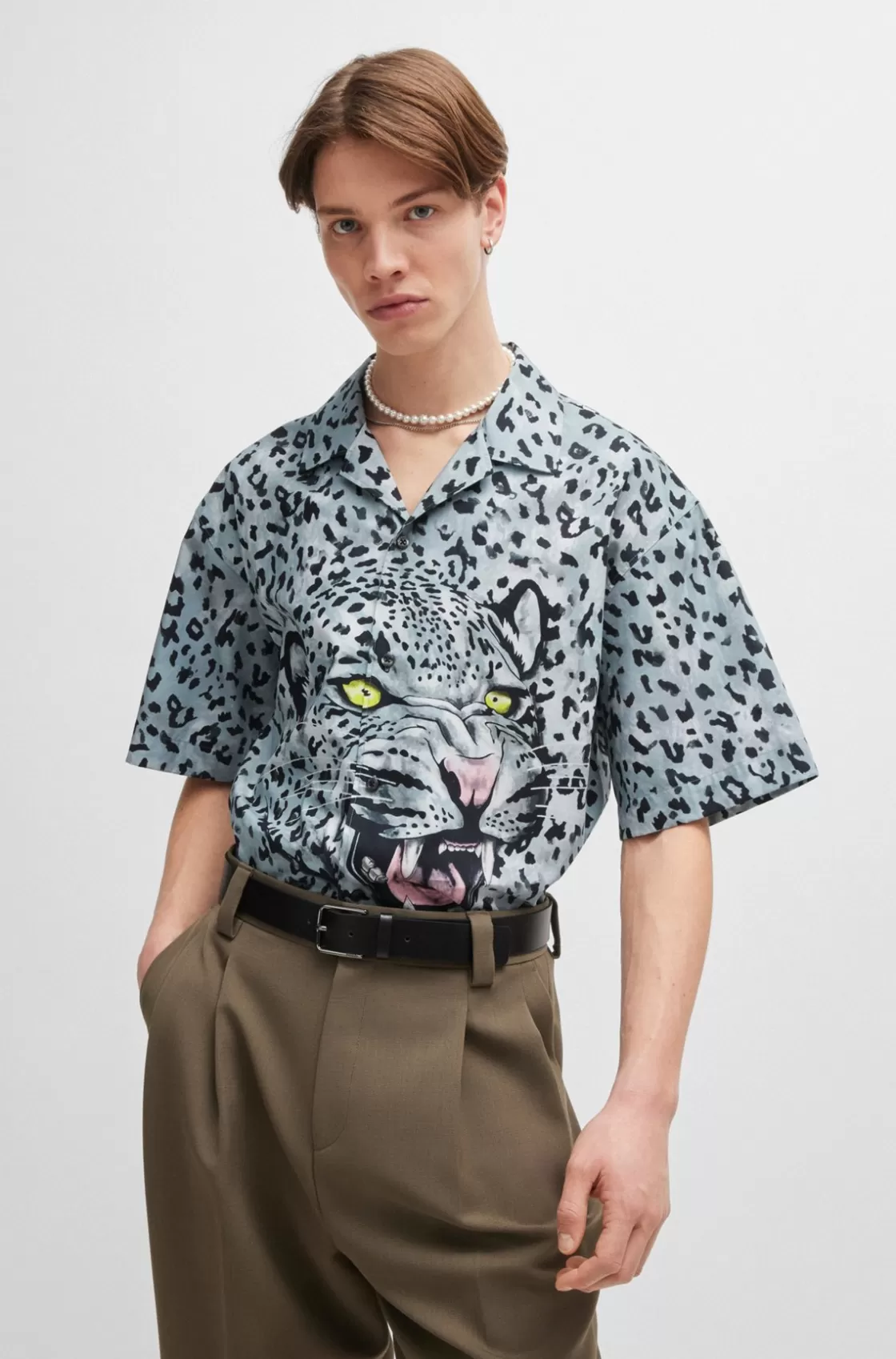 HUGO BOSS Oversized Short-sleeved Shirt In Animal-print Cotton Light Grey Online
